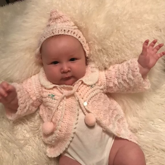 Vintage Pink PomPom Bon Bon Baby Crochet Sweater Hat Booties Set - Picture 11 of 11